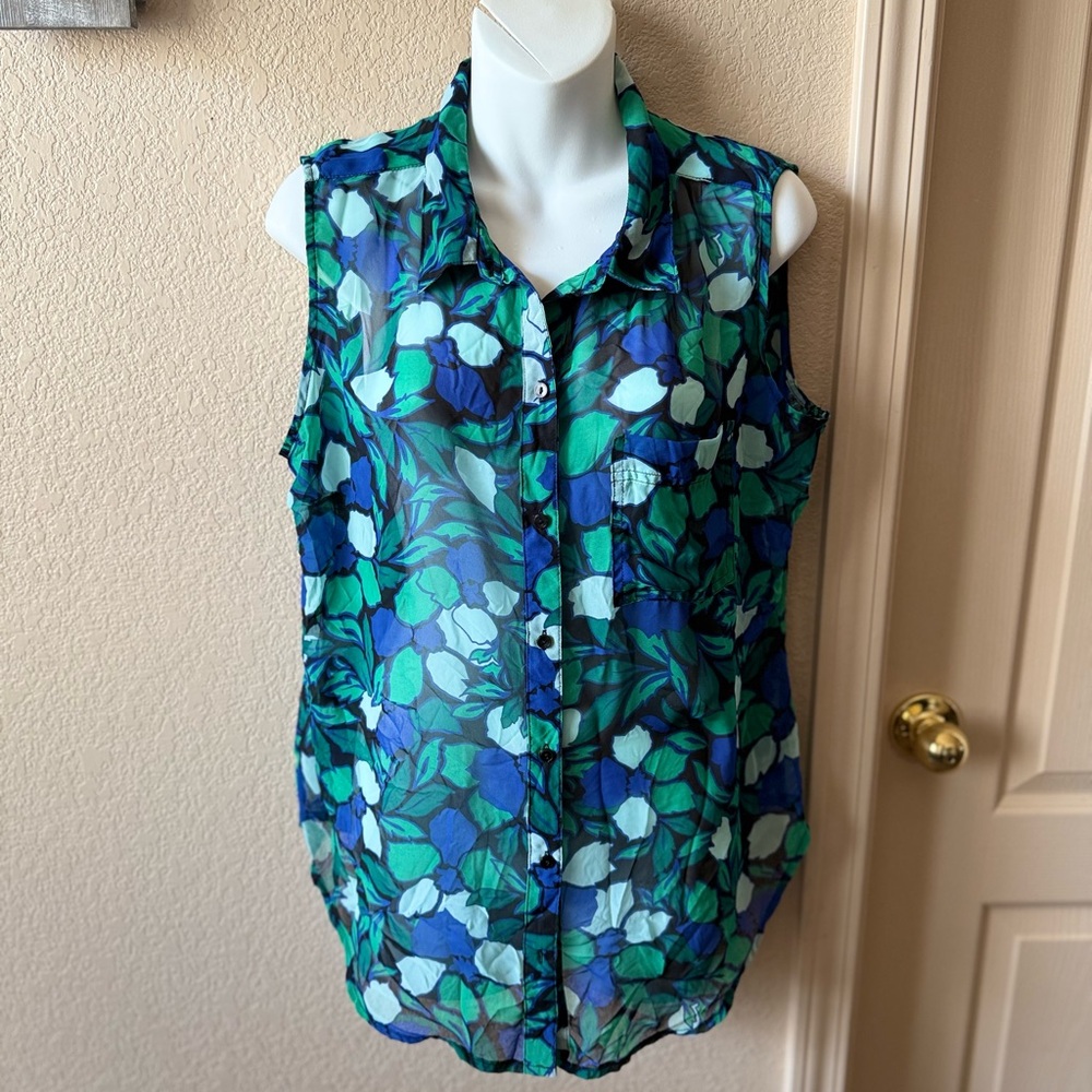 Floral Sleeveless Blouse - Blue and Green